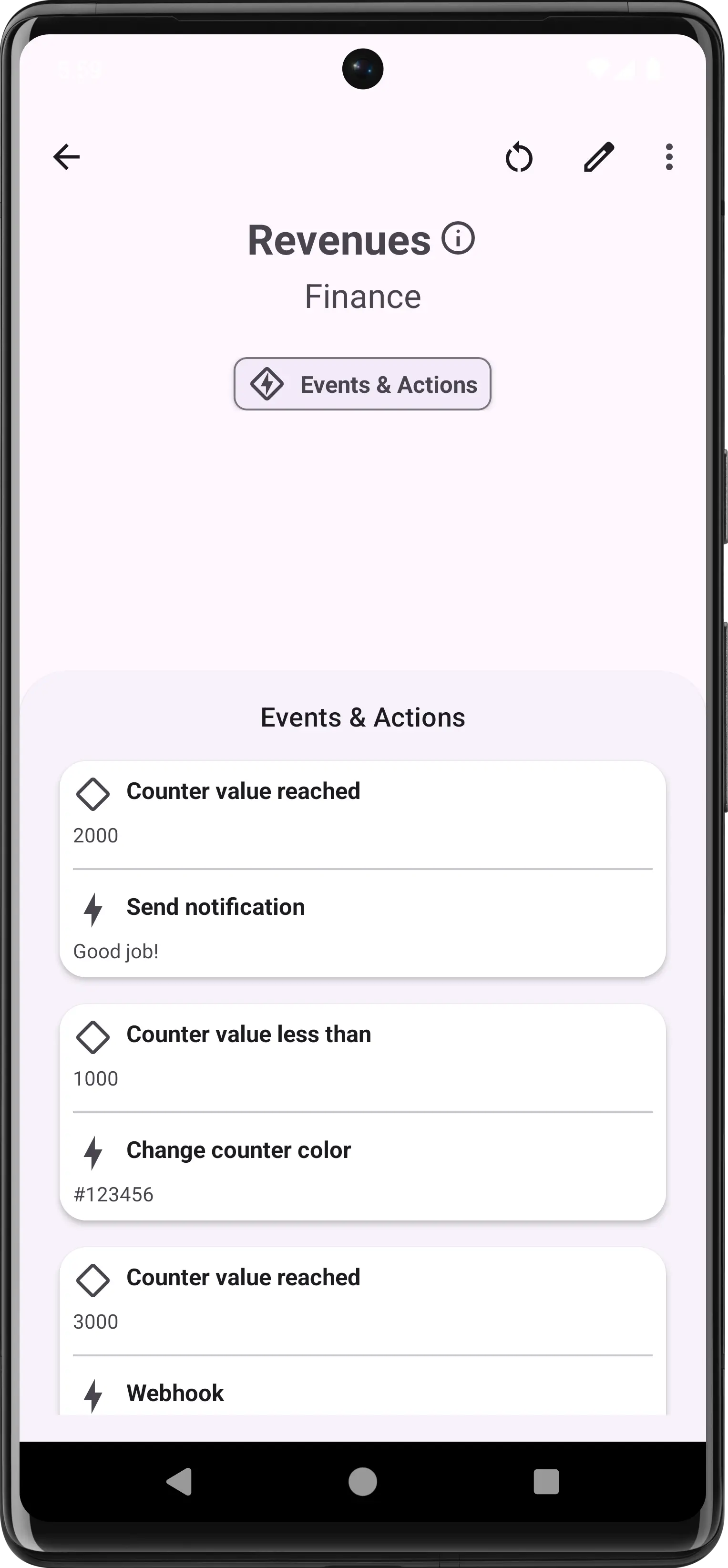 Events and actions automation panel showing counter value triggers linked to notifications, color changes, and webhooks