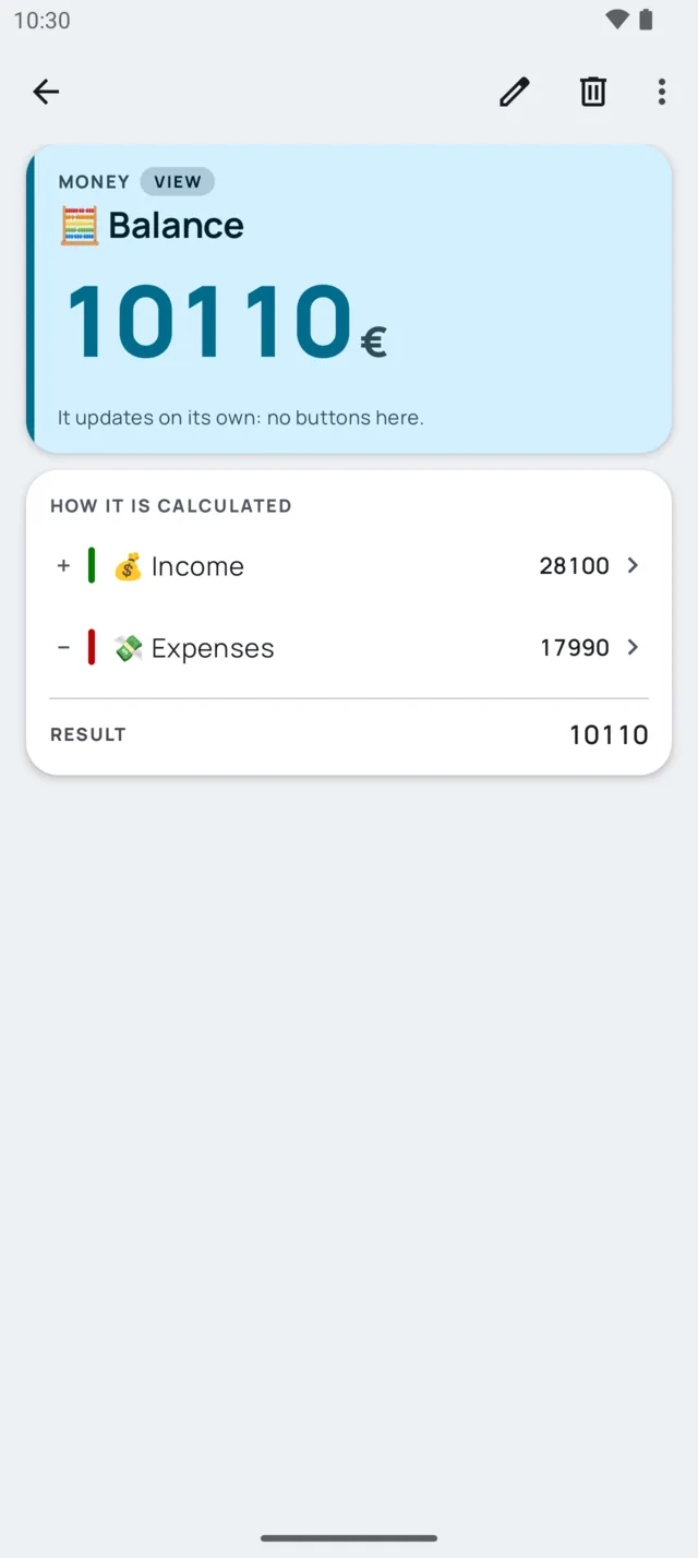 Balance view showing 10110 euros, calculated as Income 28100 minus Expenses 17990