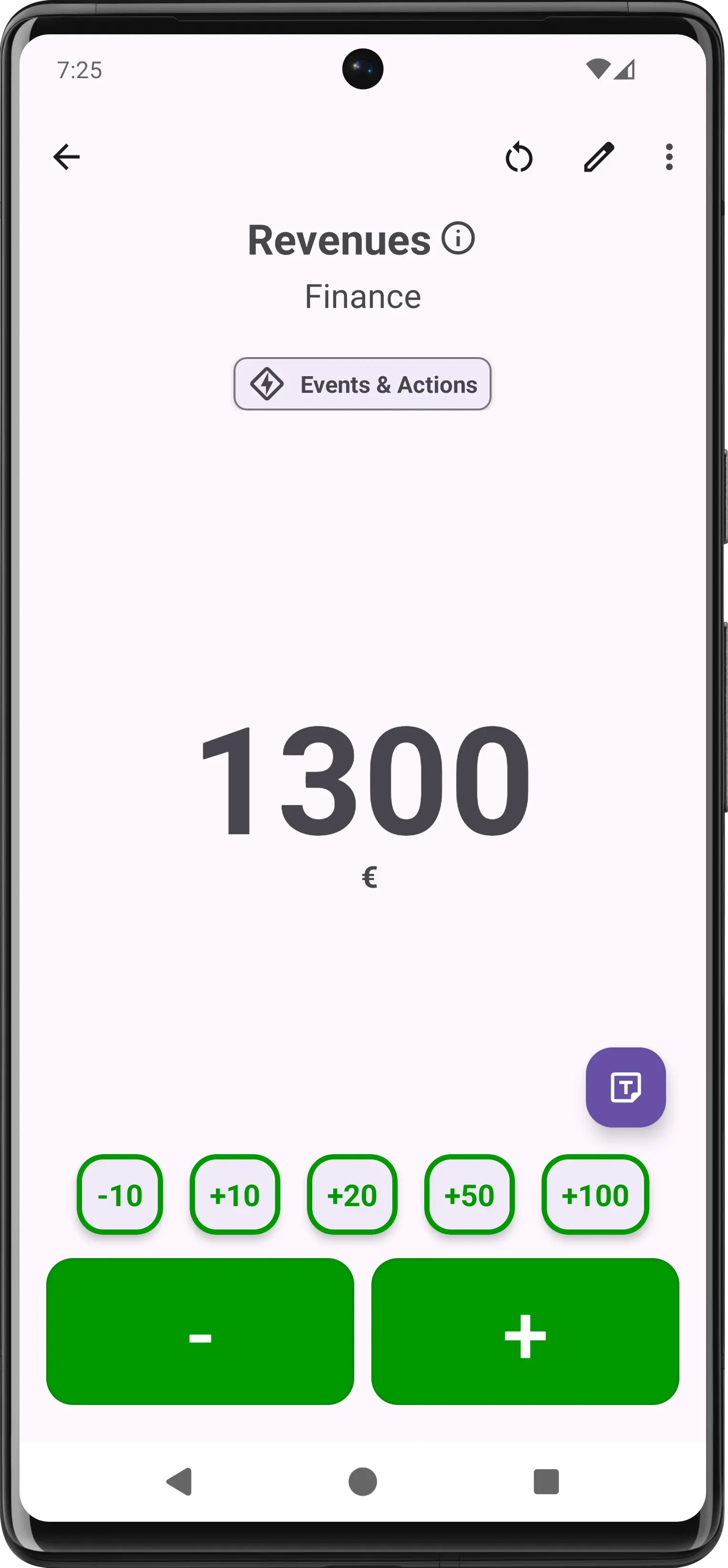 Counter detail view with large value display, quick increment buttons, and custom keyboard