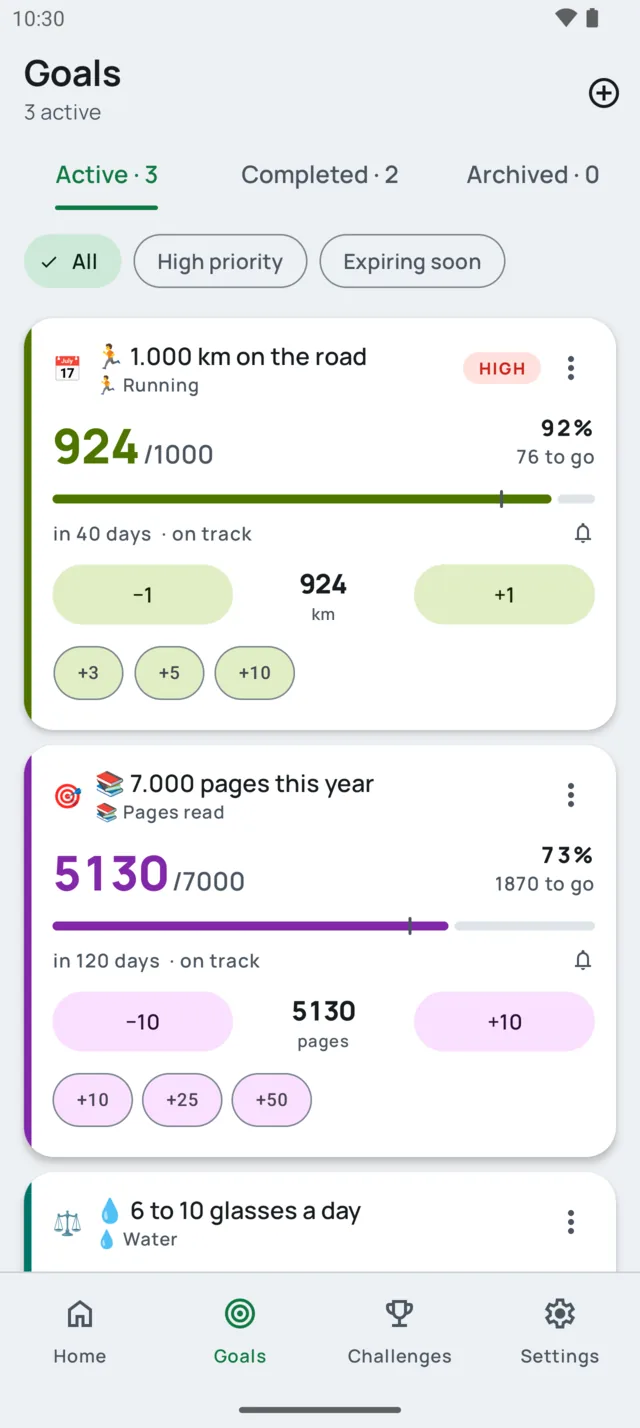 Goals screen with three active goals: 1000 km on the road at 92 percent, 7000 pages this year at 73 percent, and 6 to 10 glasses a day