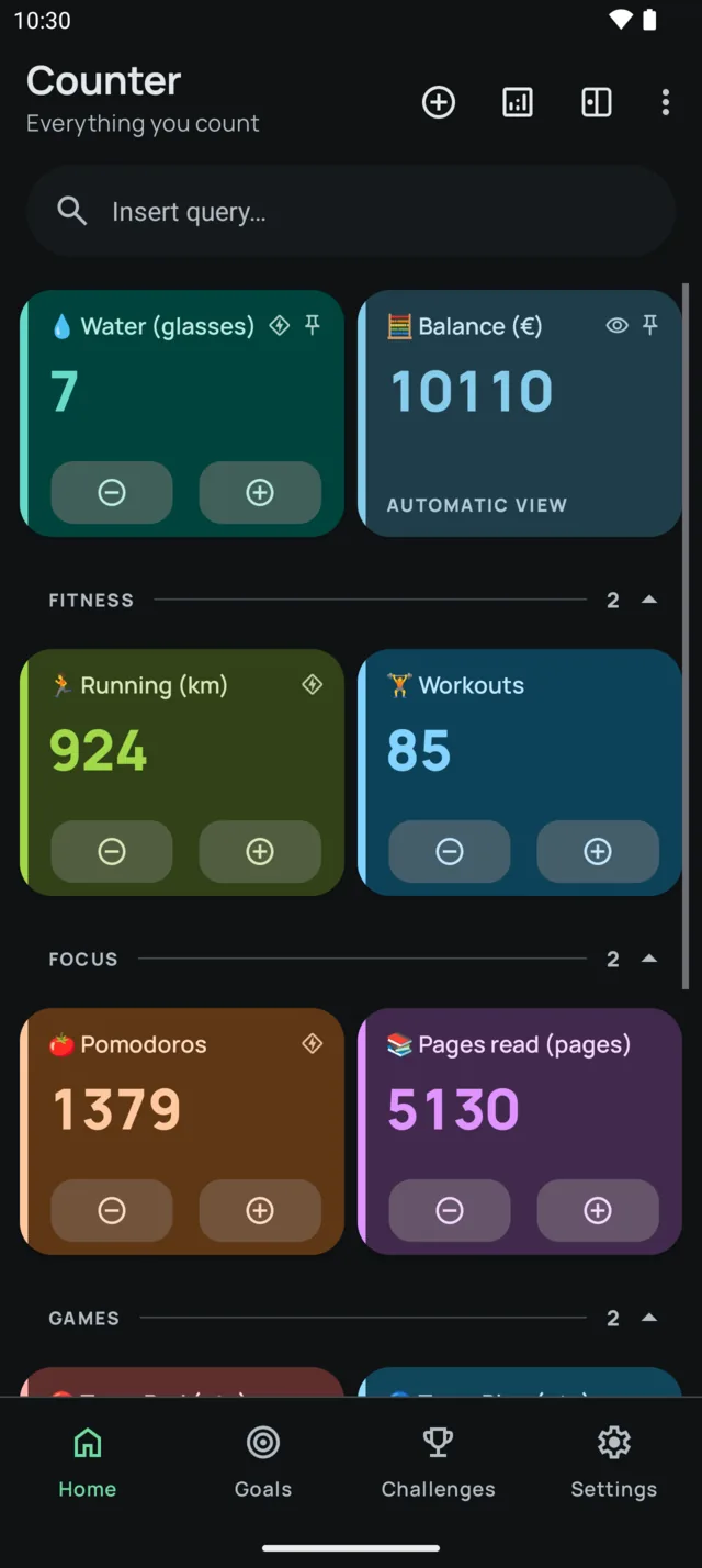 Counter home in the dark theme with the Soft card style