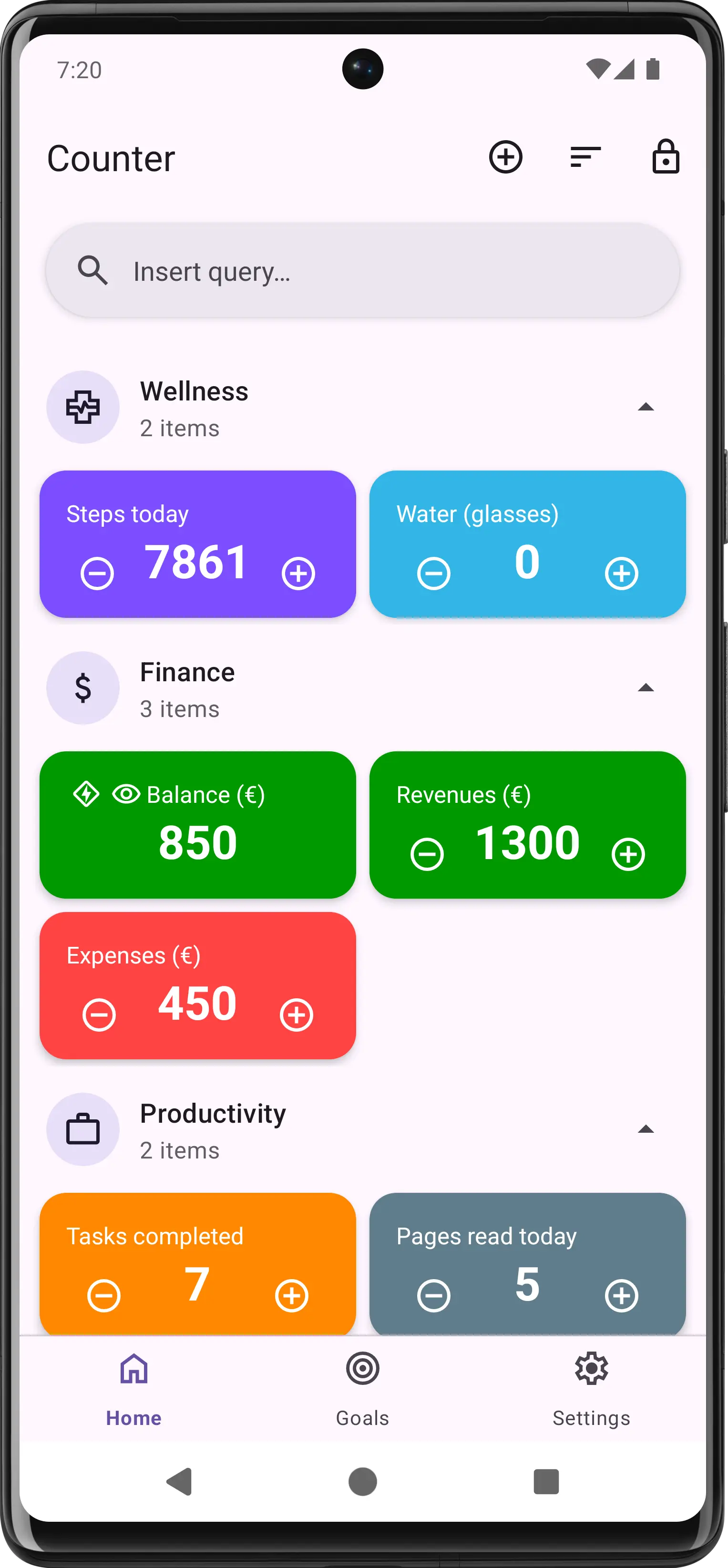 Counter app home screen showing categorized counters for wellness, finance, and productivity tracking on Android