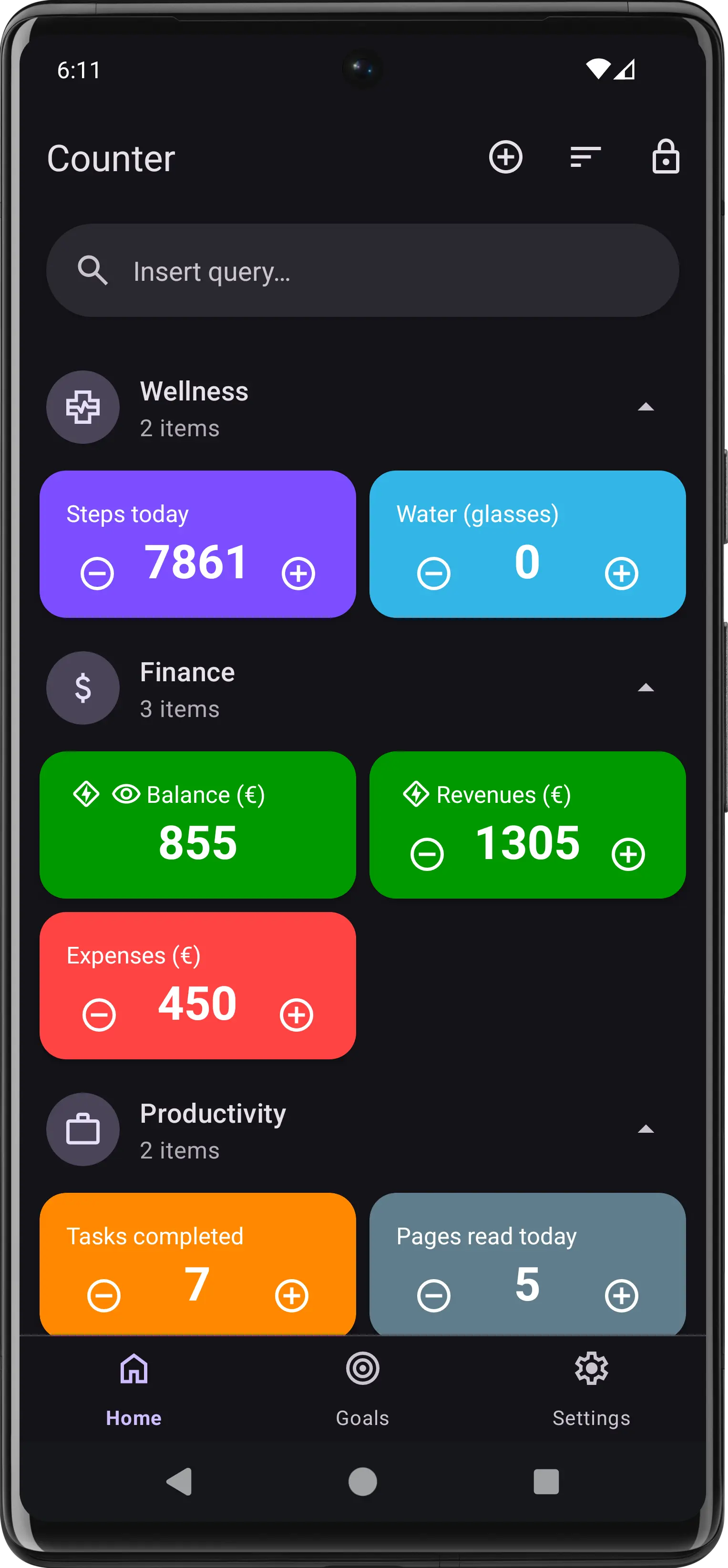 Counter app dark mode showing the same home screen with AMOLED-friendly dark theme
