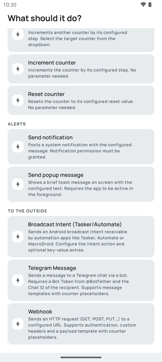 List of available actions in a Counter rule: increment, reset, notification, popup, broadcast intent for Tasker, Telegram message and webhook