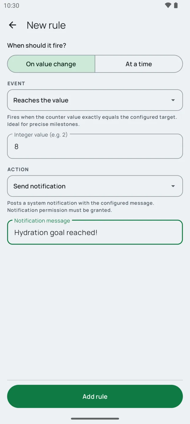 New rule screen: when the counter reaches the value 8, send the notification Hydration goal reached