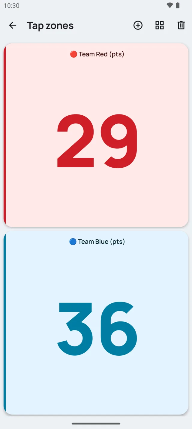 Tap zones screen with two full-screen areas: Team Red at 29 and Team Blue at 36
